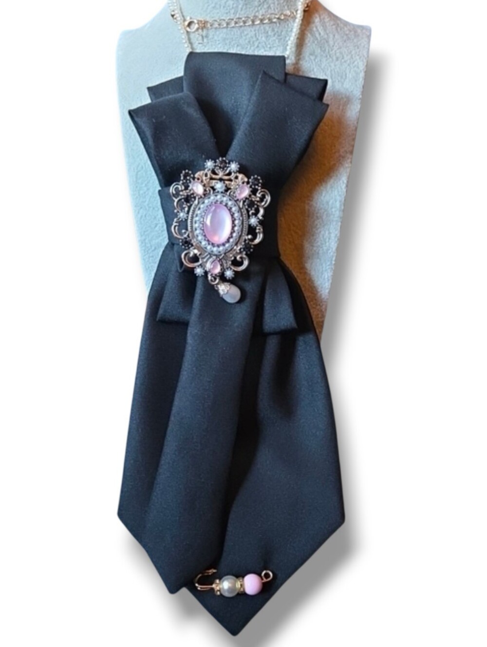 3/$60 Black Satin Bow Cravat With Pink Cabochon Accent Brooch